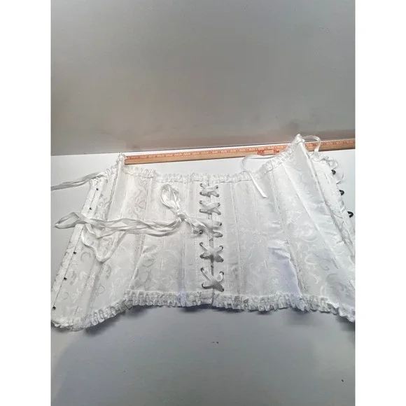 White Brocade Corset Bustier Lace Trim Ribbon Tie Boned Cincher Wtchycore Small - Picture 5 of 7